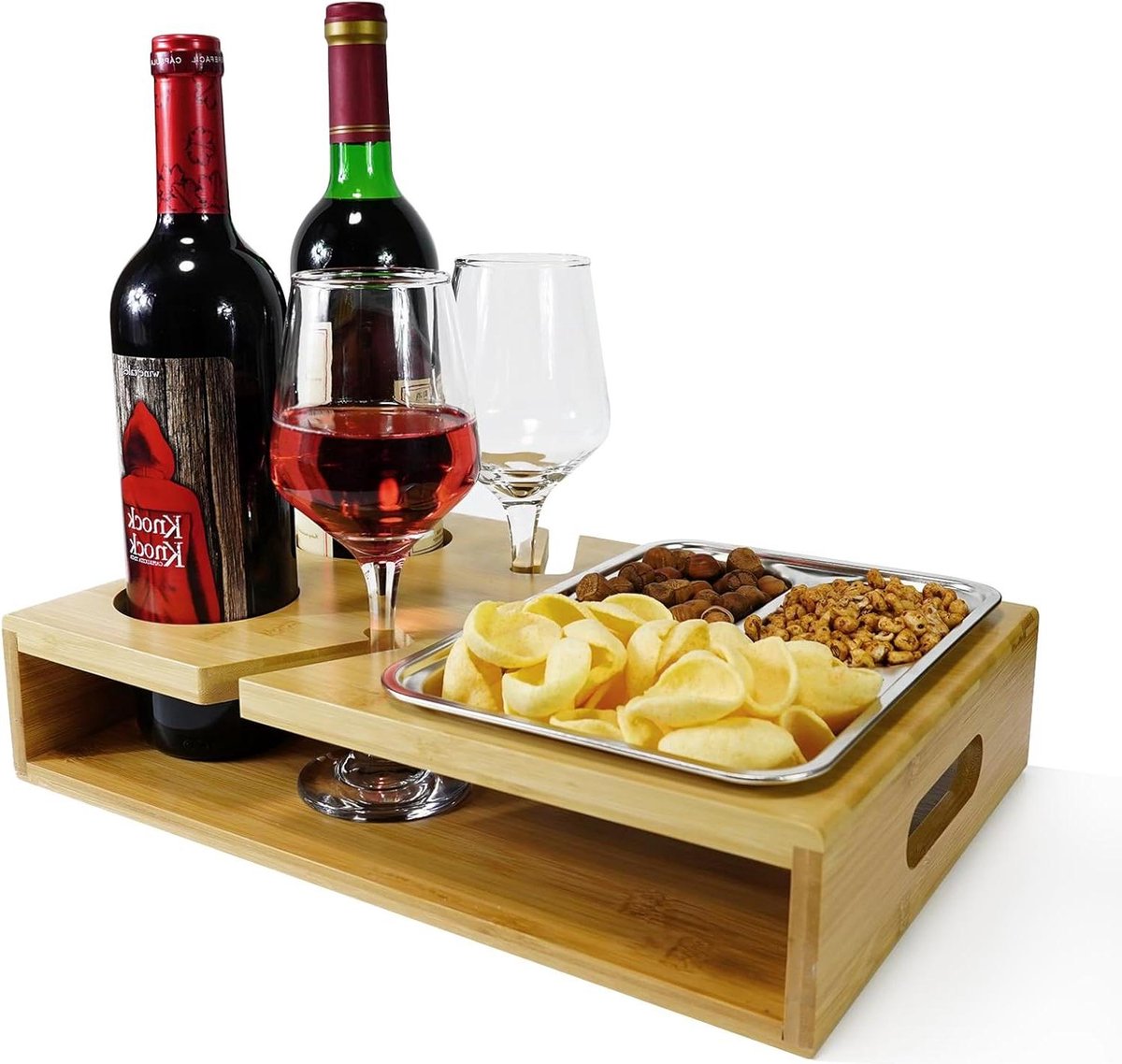 Goedkoopste Houten bankbar met wijnglashouder - snackbox en roestvrijstalen snackschalen - bankbutler voor woonkamer, restaurant, picknickfeest