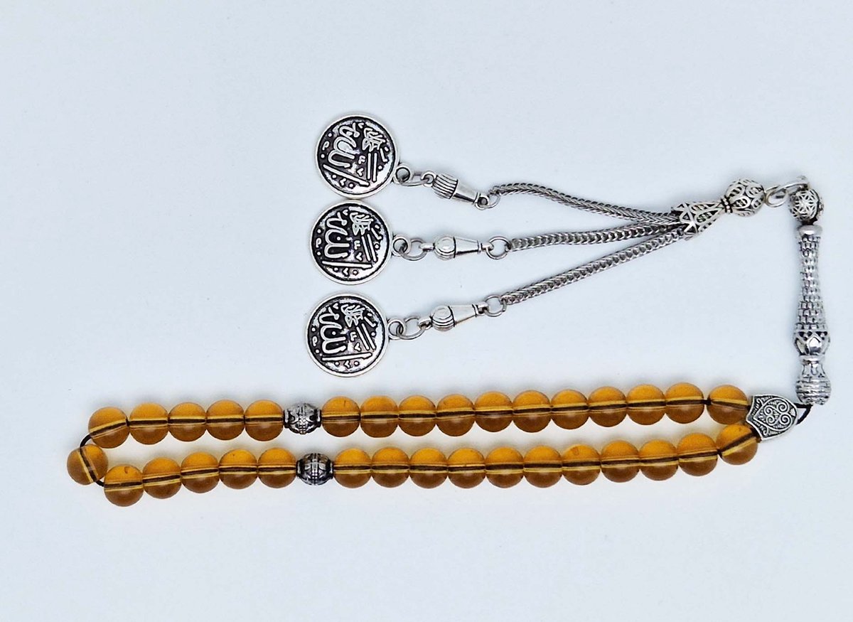 Handgemaakte tesbih klassiek - "Tasbih" natuursteen " Citrine" - Aantal kralen 33 - Diameter kralen 8 MM - met metaal tassel "Allah jala jalaluh" - Een mooi cadeau-idee