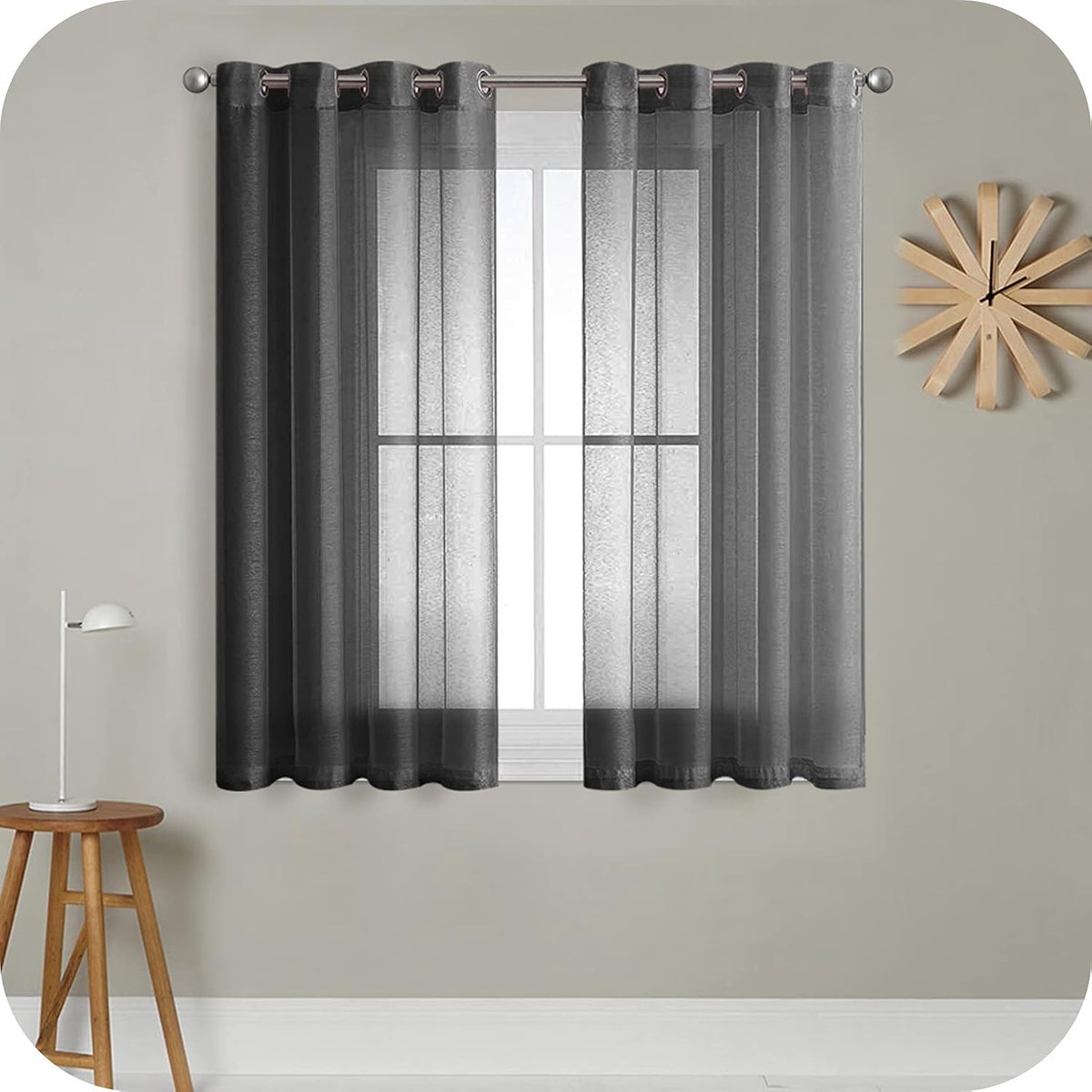 PolkaHome Vitrage, voile stof, halfdoorzichtig, kort, met ingestanste ringen, linnenlook, voor woonkamer, slaapkamer, kinderkamer, zwart, 160 x 140 cm (h x b), 2-delige set