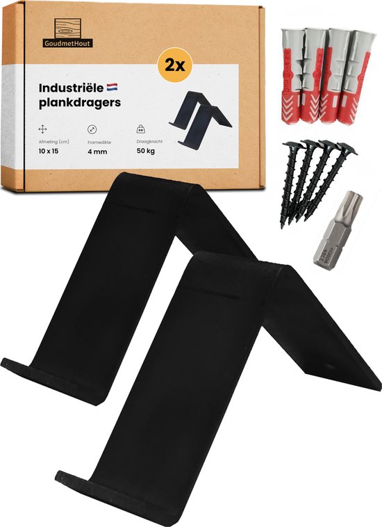 2x supports d'étagère industriels noirs en forme de L. Dimensions 10x15 cm, épaisseur 4 mm, supporte jusqu'à 50 kg.