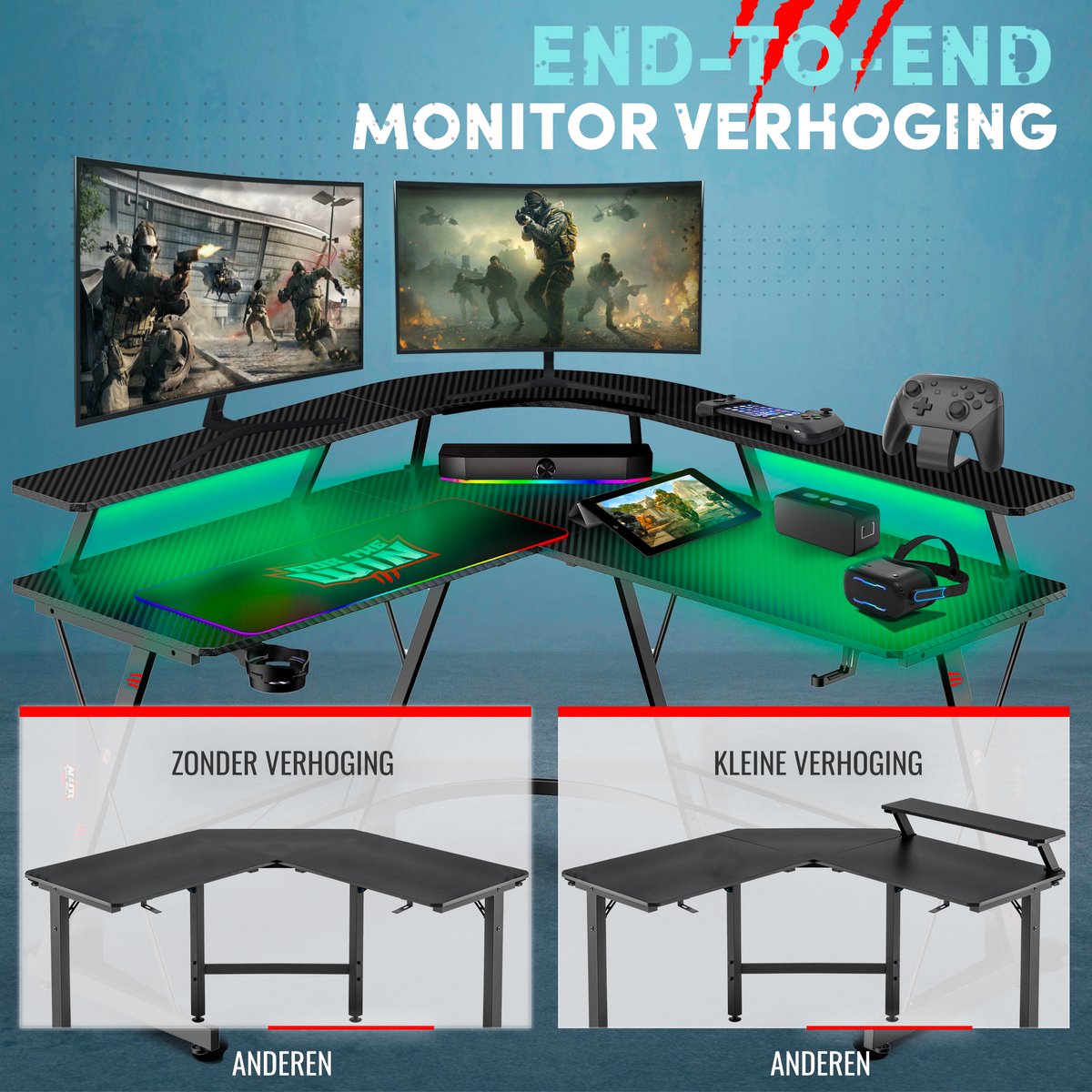 For The Win Hoekbureau - L-Vormig Game Bureau - 130x130x74 cm - Gaming Bureau met LED Verlichting - Incl. RGB Muismat - Monitor Standaard - Gaming Desk - Computer Tafel - Gaming Tafel