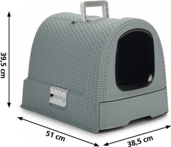 Lichtgrijze Curver kattenbak met geweven structuur, afmetingen 51x38,5x39,5cm.