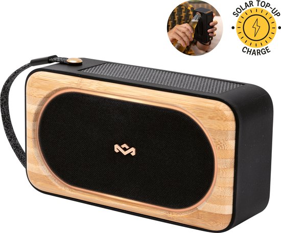 House of Marley Roots Solar bluetooth speaker - Draadloze compacte speaker - Ingebouwde Flesopener - Solar Powerbank - Waterproof - 19 uur Batterijduur - Gemaakt van Duurzame Materialen - Zwart