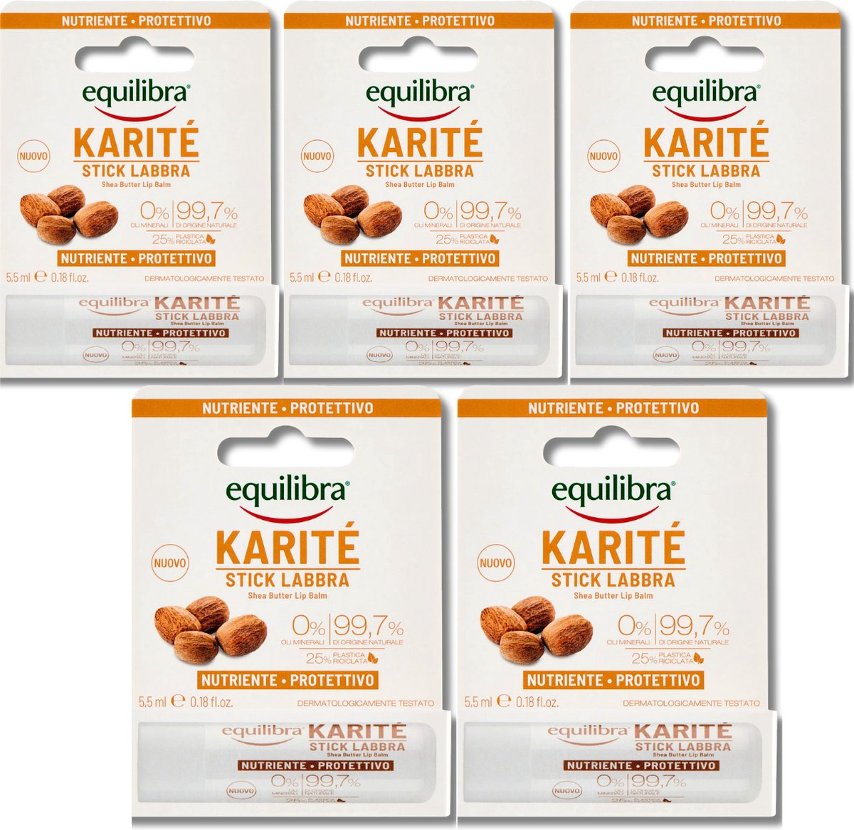 Goedkoopste Equilibra Lippenbalsem Karite - Voedend en Beschermend - Lipbalm voor Zachte Lippen - 5x 5,5ml