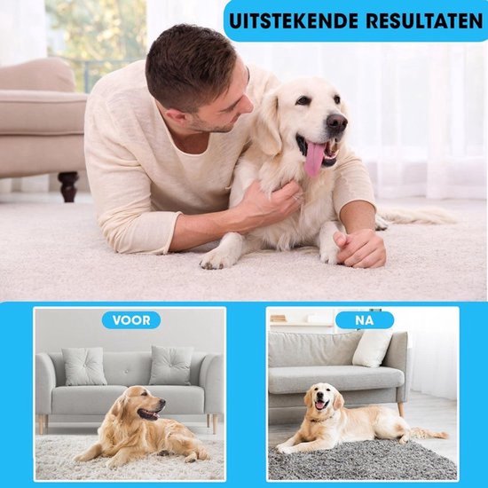 Man met golden retriever op de grond. Hieronder 'VOOR' en 'NA' vergelijking van een schoen met hondenharen en een schone schoen.