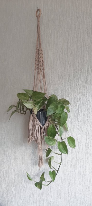 Cafuné Macramé Plantenhanger – Beige - Handgemaakt – 3mm Gerecycled Katoen – 90cm – Boho Woondecoratie - Cadeau Idee