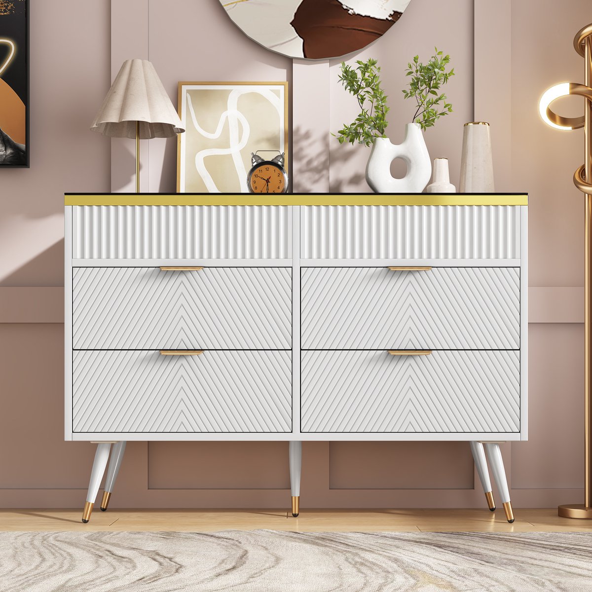 Sweiko Ladekast - Dressoir - 6 laden - Kantelbaar - Bruin glazen blad - 120 x 40 x 76 cm - Wit