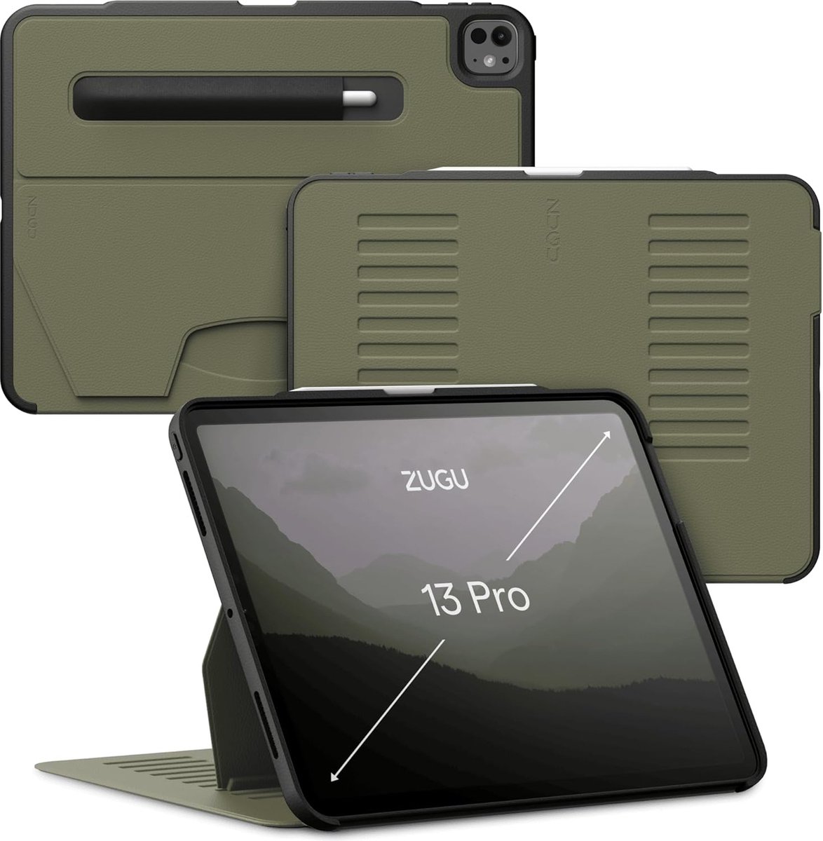 Zugu case Hoesje iPad Pro 13 (M4-M5) – Verstelbare Magnetische Standaard – Veilige Magnetische Houder – Robuuste Bumper en Stevige TPU + PC Behuizing - Groen