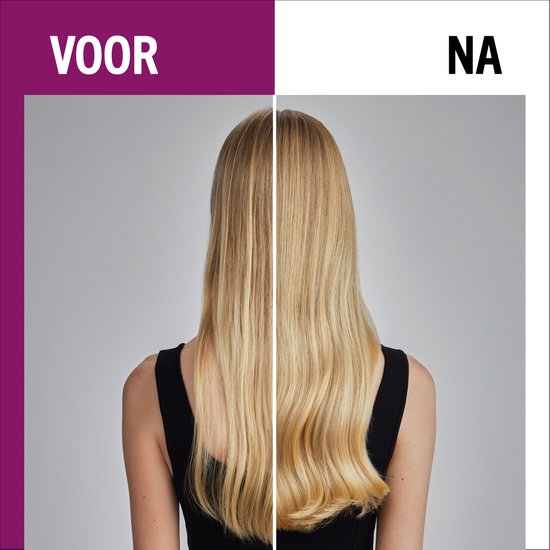 Vergelijking van blond haar voor en na gebruik: voor (links) ziet het haar er dunner uit, na (rechts) voller en glanzender.