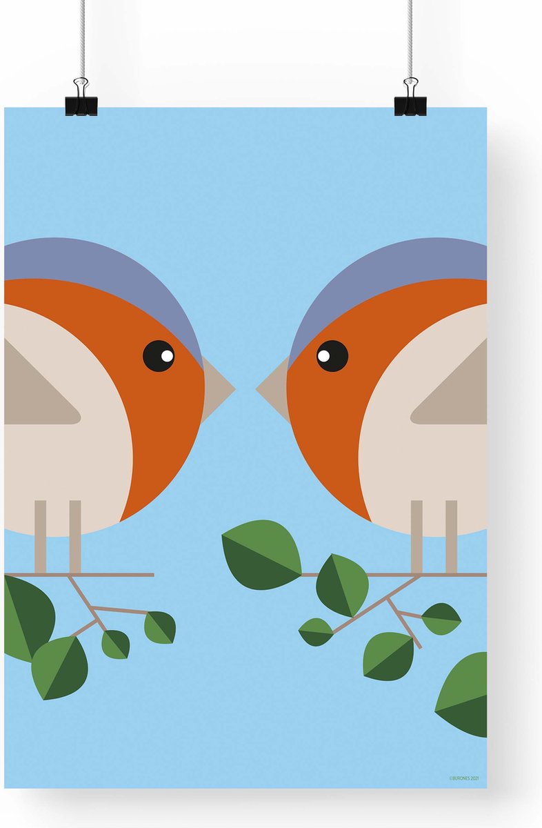 Artprint Roodborstjes - Vogel illustratie in A3 formaat - Poster abstracte minimalistische roodborstjes - Nederlandse Tuinvogel
