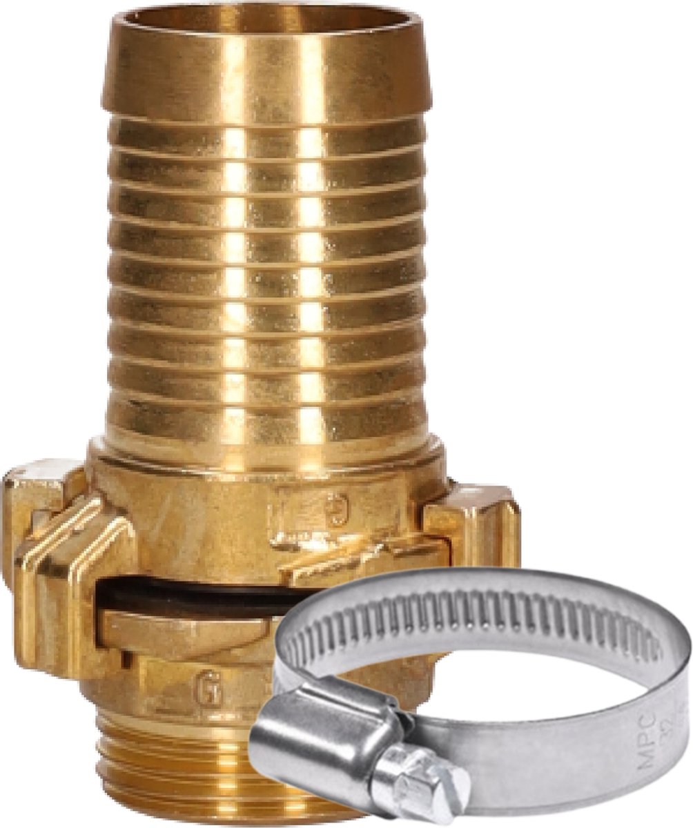 SOS PUMP ® Snelkoppeling Tule 32 mm naar 1 1/4” Uitgang – Messing Koppelstuk voor Waterafvoer – Inclusief Slangklem – Dompelpomp – Waterslang – Wateroverlast