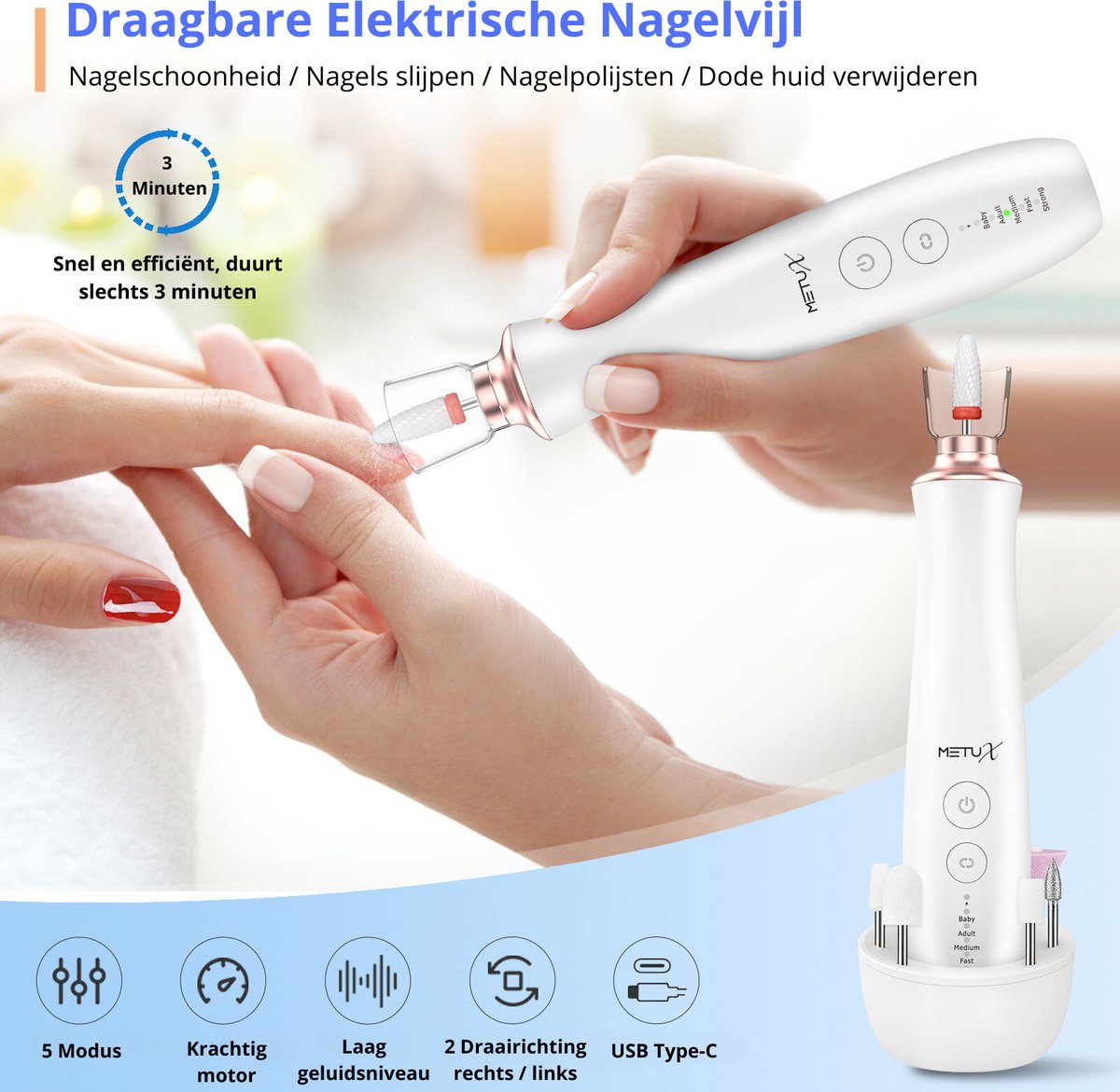 MetuX® Elektrische nagelvijl - Nagelfrees - Manicure set - Pedicure set – Draadloos – 12 Bitjes – Met oplaadstation – Eeltverwijderaar - Nagelvijl baby - Manicureset Baby - Nagelvijl electrisch - Pedicureset electrisch - Pedicuresets - Manicure sets — cadeau in Cadeau-ideeën - foto 2