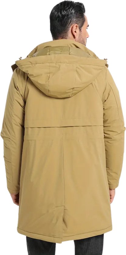 Homme avec parka beige, avec capuche et vue arrière de la veste.