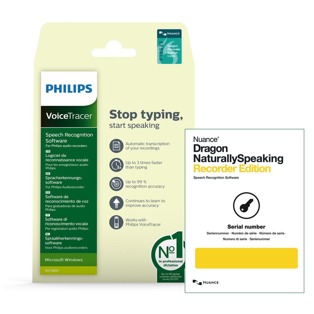 Philips DVT2805/02 VoiceTracer - Nuance Dragon NaturallySpeaking Recorder Edition - Speech Recognition Software - Spraakherkenning software - NL/EN/FR/DE/IT/ES - Windows only