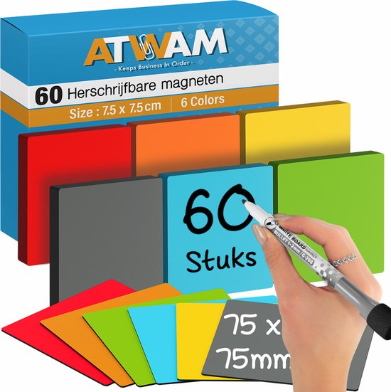 ATWAM Scrum Magneten - Whiteboard magneet - 60 stuks - Herschrijfbare Magneten - Kanban - 7,5 cm Breed x 7,5 cm Lang - 6 Kleuren