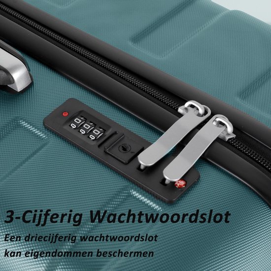 Detail van een jadegroene koffer met een 3-cijferig combinatieslot en zilveren ritstrekkers.