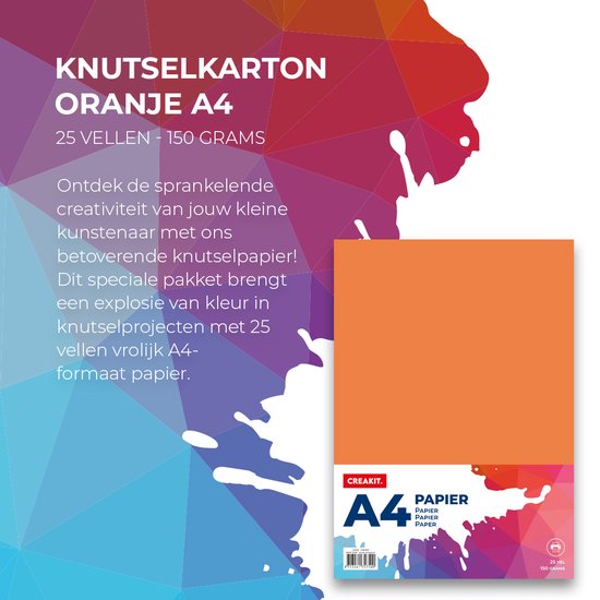 CREAKIT Carton A4 - 25 feuilles - Artisanat pour Enfants et Adultes - Papier à dessin pour Enfants - 150 grammes - Papier craft - Papier coloré - Oranje