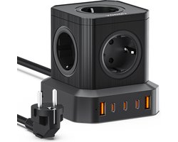 Voomy Cube 100W Stekkerdoos - 3 USB-C & 2 USB-A Poorten - 5 Stopcontacten - Aan / Uit schakelaar - Snellader voor Laptop, Telefoon & Tablet - Powercube - Oplader, Adapter, Verlengsnoer - Zwart
