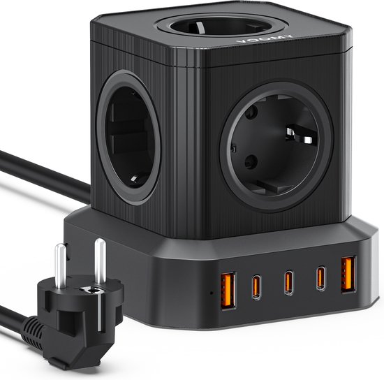 Voomy Cube 100W stekkerdoos – 3 USB-C – 2 USB-A – zwart