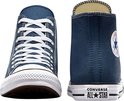 Vooraanzicht en achterzijaanzicht van donkerblauwe Converse All Star sneakers met witte veters en zolen.