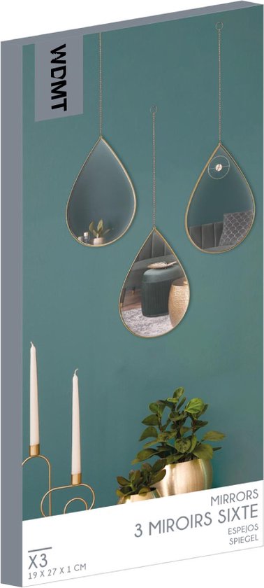 Verpakking van 3 druppelvormige spiegels met gouden frame, met de tekst 'WDMT MIRRORS 3 MIROIRS SIXTE'.