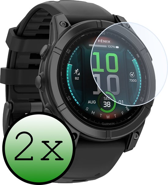 Twee screenprotectors op een zwarte Garmin Fenix smartwatch met de tijd 10:10 erop.