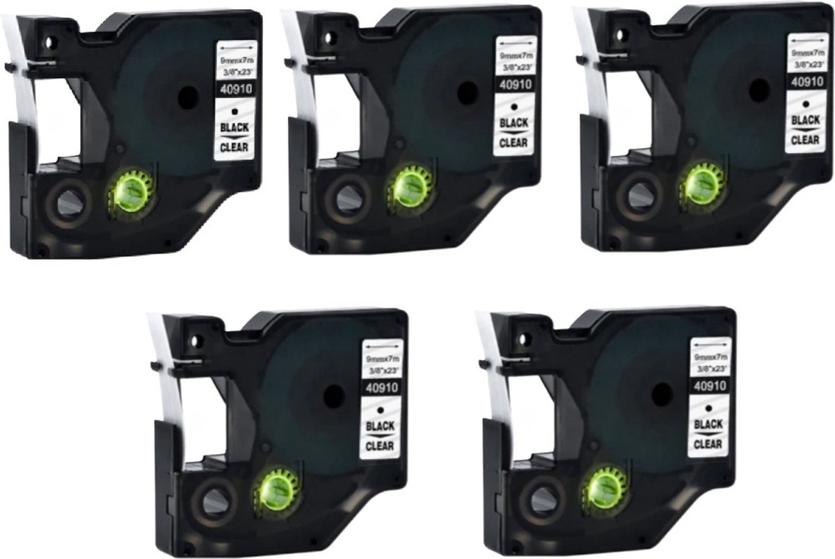 Label Tape Geschikt voor Dymo D1 40910 | 9 mm x 7 m | S0720670 - Zwart op Transparant - 5 stuks - Geschikt voor: 100 100PLUS 120P 150 160 200 210D 220P 260P 280 300 350 350D 360D 400 400 Duo 420P 450 450D 450 Duo 500TS PnP Wireless PnP