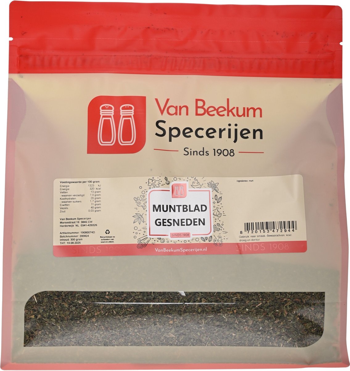 Goedkoopste Van Beekum Specerijen - Muntblad Gesneden - 300 gram (hersluitbare stazak