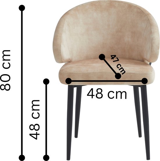Chaise de salle à manger beige clair avec dimensions : 80cm hauteur, 47cm largeur d'assise, 48cm profondeur d'assise.