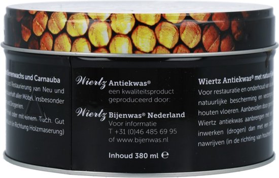 Zwarte blik met 'Wiertz Antiekwas', 'Bijenswas Nederland' en 'Inhoud 380 ml e'.