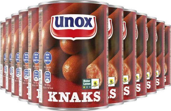Meerdere blikken Unox Knaks. Een close-up toont een paar worstjes in blik, met het Unox logo en de tekst 'Beter Leven'.