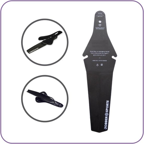 Zwart, opvouwbaar fietsspatbord met "JOBBER SPORTS" logo, en afbeeldingen van het product.