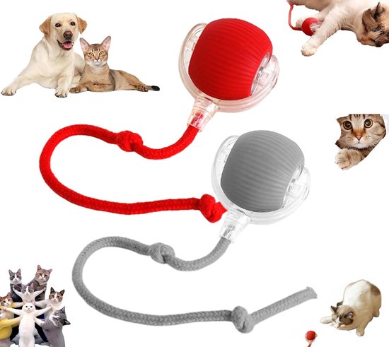 Elektrisch Kattenbalspeelgoed - Interactief Kattenspeeltje - Automatisch Rollend Slim Kattenspeelgoed Voor Katten - Oplaadbaar - Speelgoed Voor Huisdieren - Snel Rollen Op Tapijt - Voor Interactief Spelen Binnenshuis - Grijs / Rood - 2 Stuk
