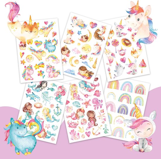 Verschillende vellen met tijdelijke tattoos: eenhoorns, zeemeerminnen, regenbogen, sterren, cupcakes, een katje en een blauwe eenhoorn.