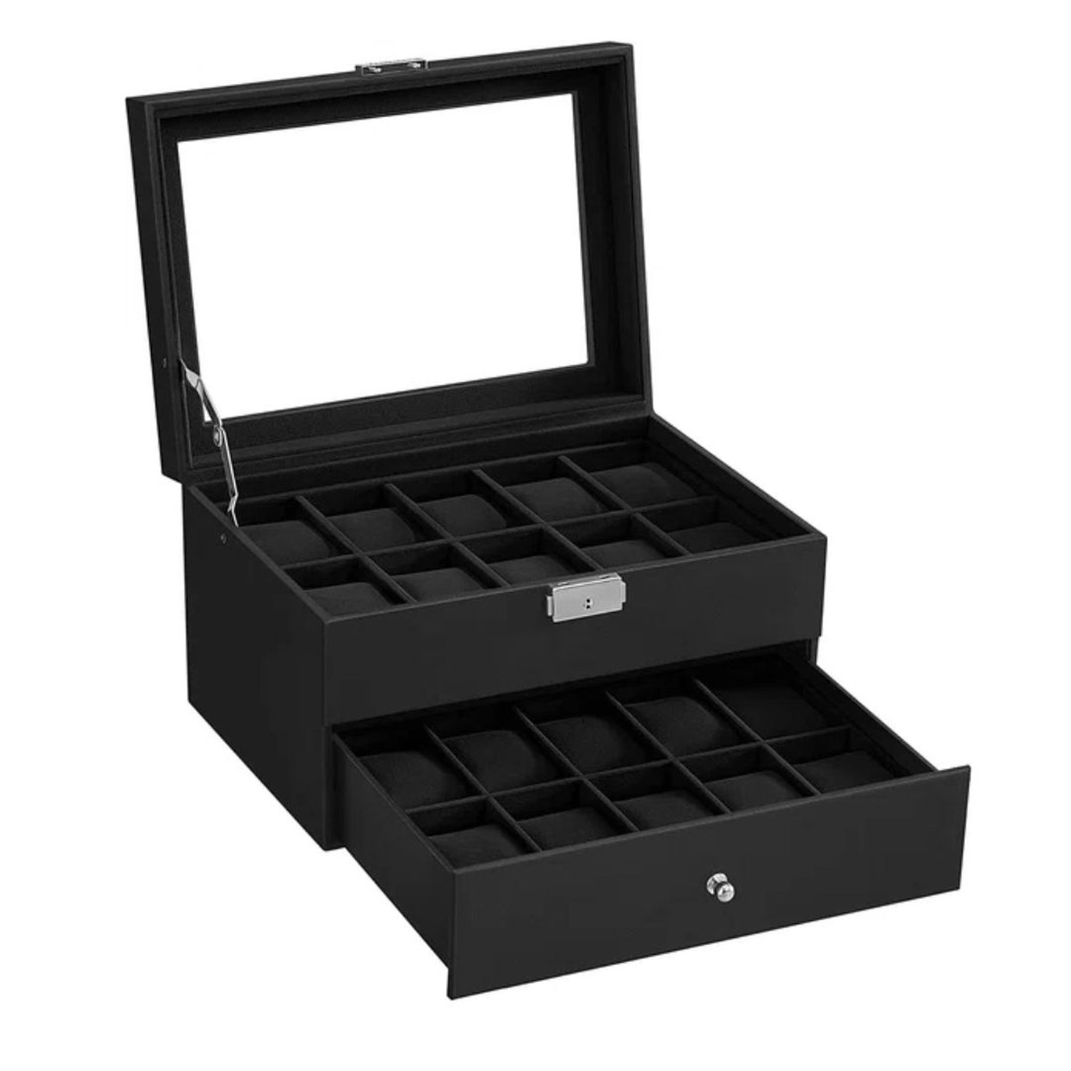 Horlogedoos, 2 niveaus, horlogedoos met opbergruimte, luxe horlogeopslag, stijlvolle horlogedoos, opbergdoos voor horloges, horlogeopslag, geschenkdoos voor horloges, organizer horloges, horlogedoos voor mannen, horlogedoos voor vrouwen.