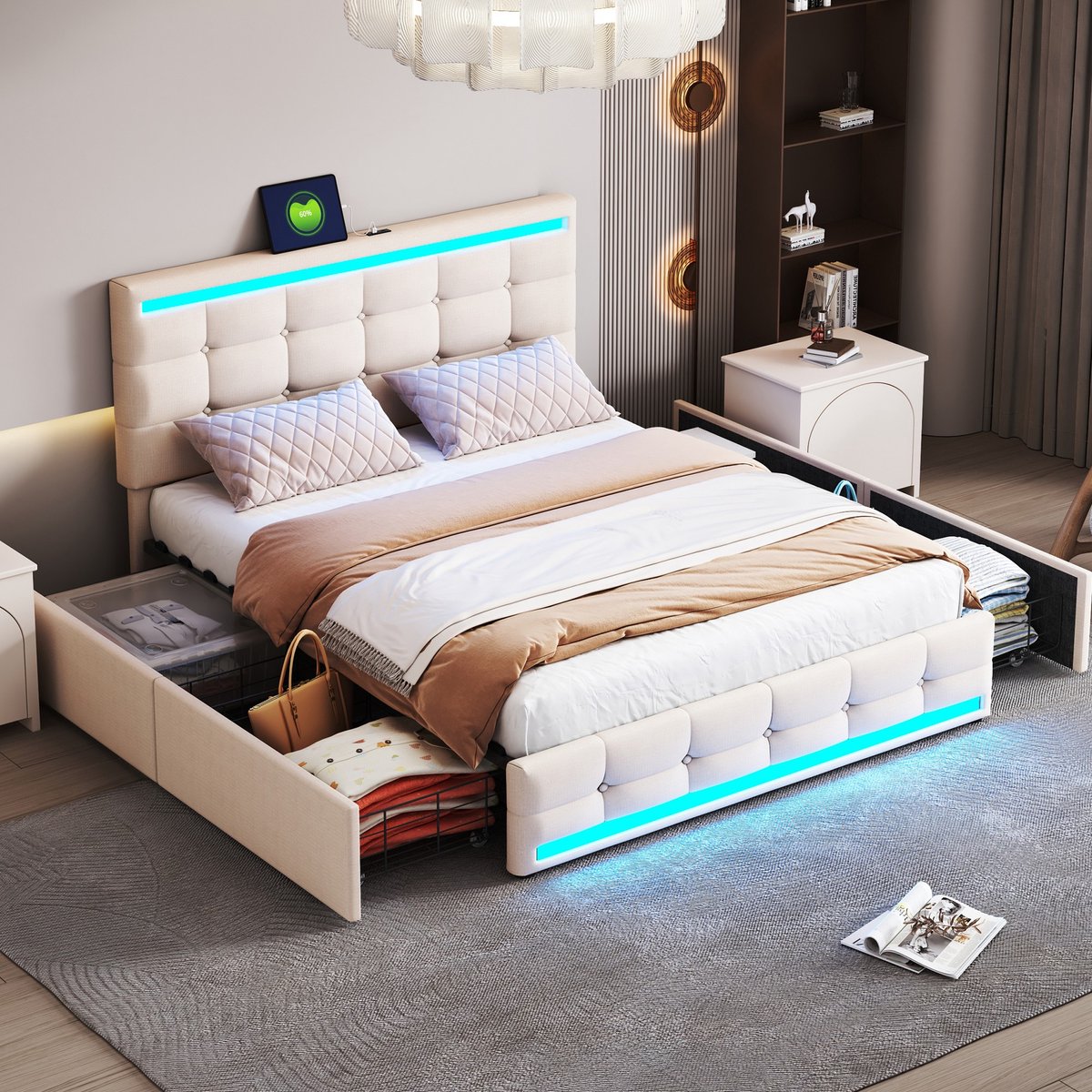 Sweiko Gestoffeerd bed 140 * 200 cm, met LED-verlichting, 4 laden en 2 USB-oplaadmogelijkheden, opbergruimte onderin, linnen stof, tweepersoons, beige