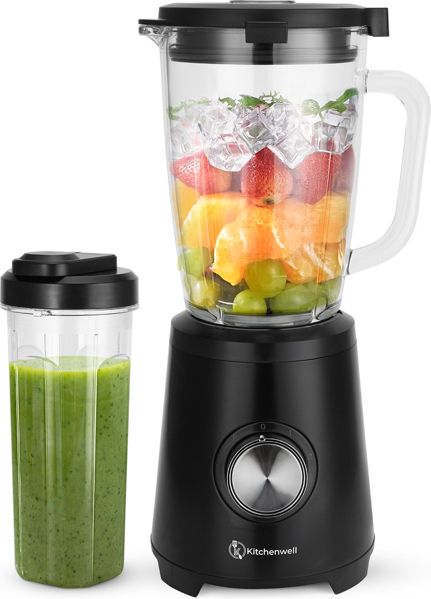 Kitchenwell Blender - 1.5 Liter - Glazen Kan - 3 Standen - 1300W - Inclusief Sportbeker - RVS/Zwart