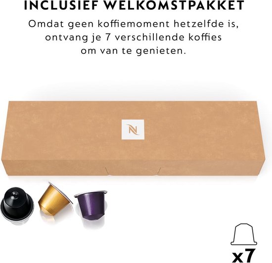 Boîte avec logo Nespresso, texte 'INCLUSIEF WELKOMPAKKET' et 7 capsules de café.