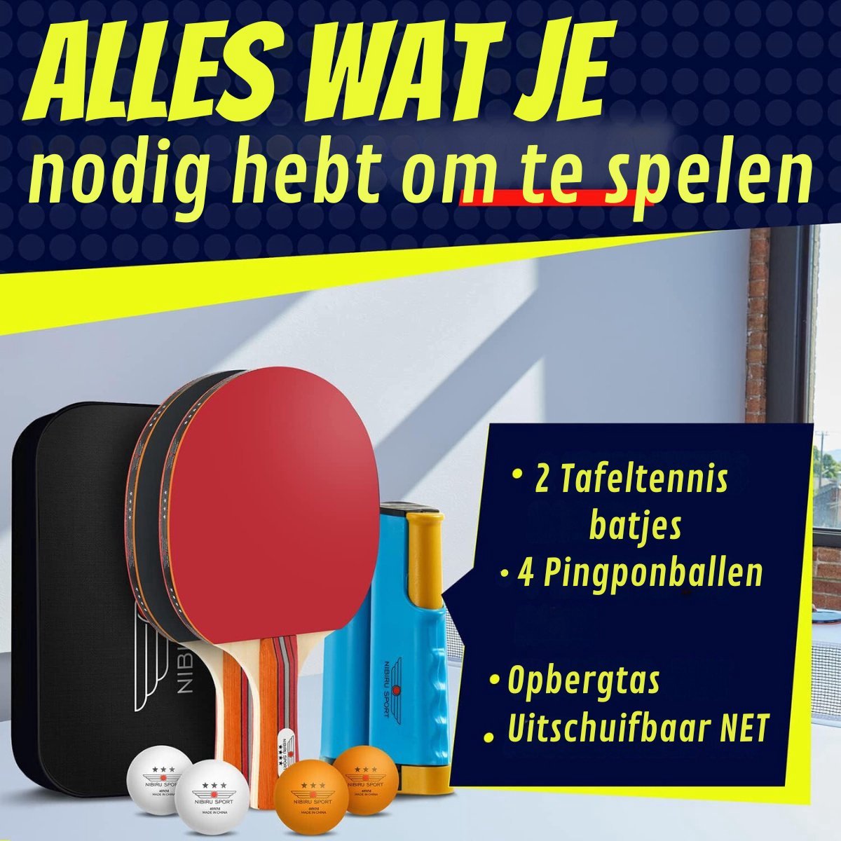 Nibiru Sport Tafeltennis Set met 2 Houten Batjes, 4 Pingpongballen en 1 Tafeltennis Net - Inclusief Opbergtas - Ping Pong Set voor Binnen en Buiten - Draagbare Pingpong Set - 3 Sterren Ballen - Tafeltennisnet Uitschuifbaar — afbeelding 2