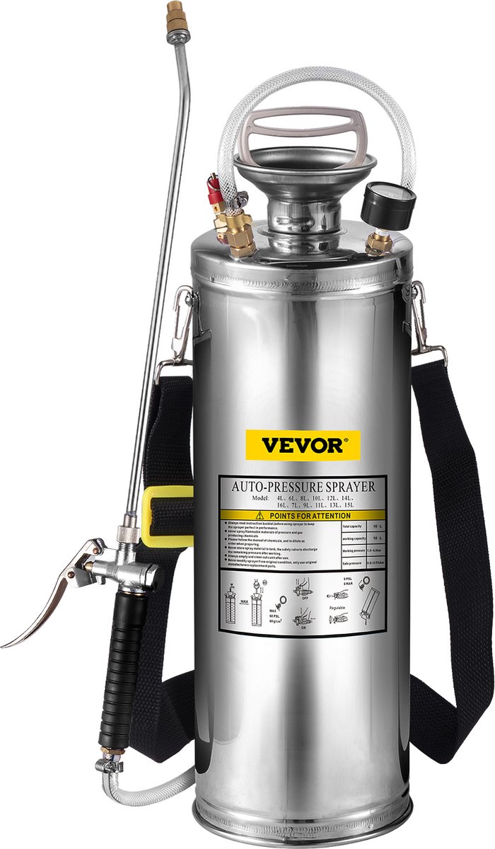 VEVOR Sproeier Rugspuit 3gal/10l Roestvrijstalen Sproeier Home Valve Pesticide Sprayer Promotion Pro van Merkloos	 — afbeelding 2