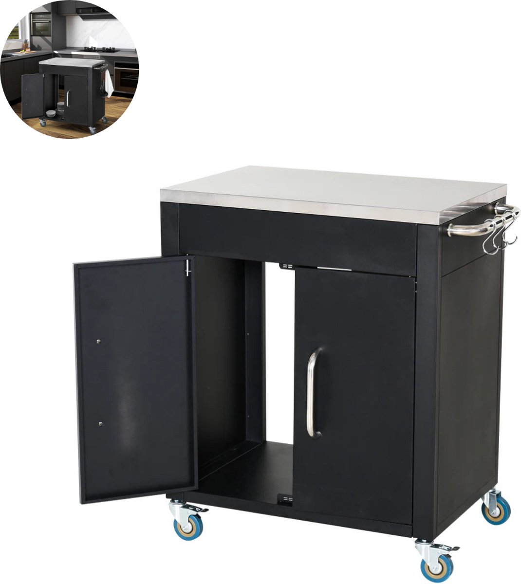 Keukeneiland - Verplaatsbaar - Keukenkast - Dressoir - Organizer - Kasten - Houten Werkblad - Lade - Zwart