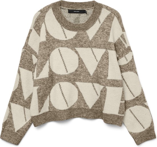 Crème gebreide trui met all-over beige 'LOVE' print en beige boorden.