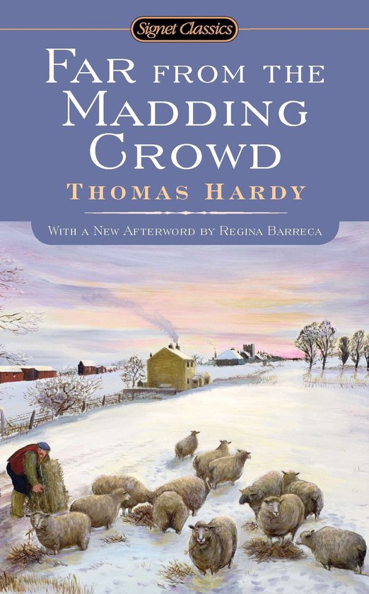 Boekhoes van 'Far from the Madding Crowd' met een winterlandschap en schapen.