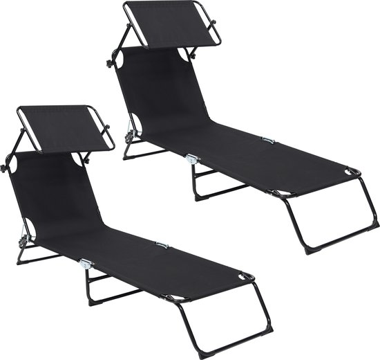 Infinity Goods Ligbed Met Zonnescherm - Opvouwbaar - Set van 2 - Zonnebed - Ligstoel - Verstelbaar - Tuin - Weerbestendig - Zwart