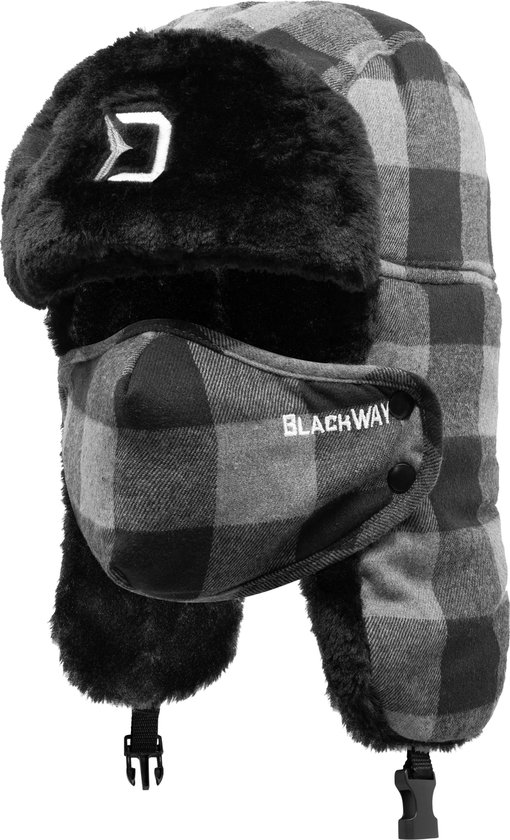 Grijze en zwarte geruite muts met faux fur kraag en afneembaar mondkapje met het logo.