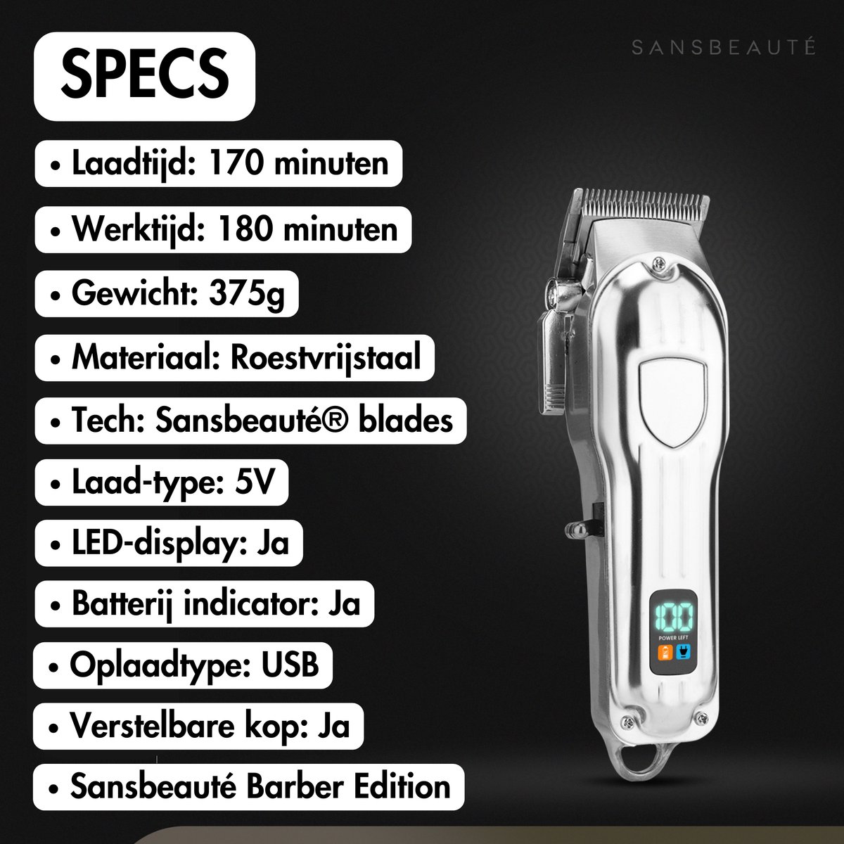 Sansbeauté Professionele Draadloze Tondeuse + Kappersmantel thumbnail 2
