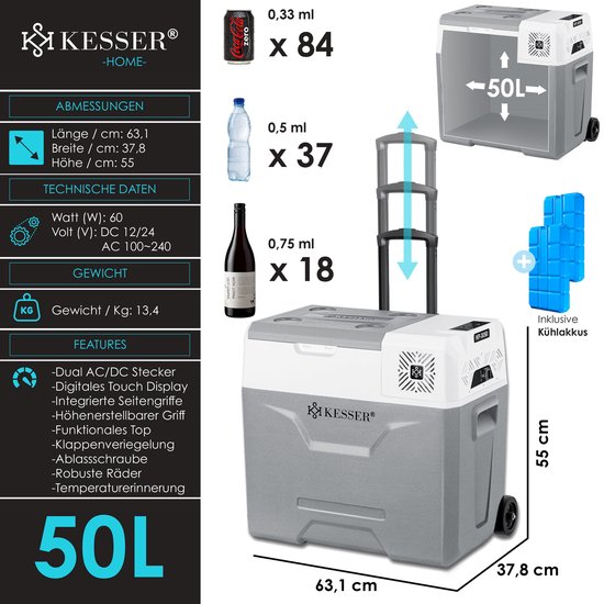 KESSER® Compressor Koelbox Elektrische Vriezer, met APP-bediening USB-aansluiting 12/24 V 230V, +Telescopische stangwielen Collbox tot -20 °C voor auto, vrachtwagen, boot, camper, camping - 50 Liter, Grijs van KESSER — afbeelding 2
