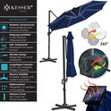 Donkerblauwe, gesloten zweefparasol naast een open parasol met informatie over eigenschappen zoals 360 graden draaibaar en UV50+.
