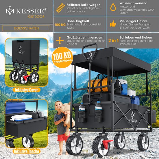KESSER® Bolderkar opvouwbaar Bolderwagen tot 100 kg draagvermogen - Strandkar met massieve banden Transportkar - Zwart — afbeelding 2