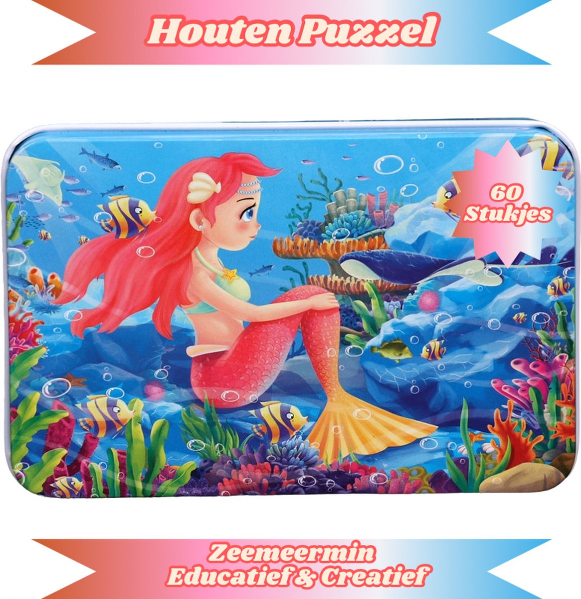 Leerkracht Houten Puzzel - Tweezijdig - Metalen Opbergdoos - Zeemeermin - 60 Stukjes - Educatief - Speelgoed
